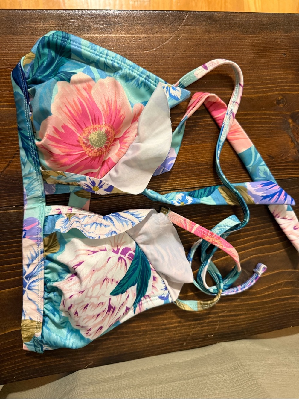 Floral Triangle Bikini Top in Aqua & Pink